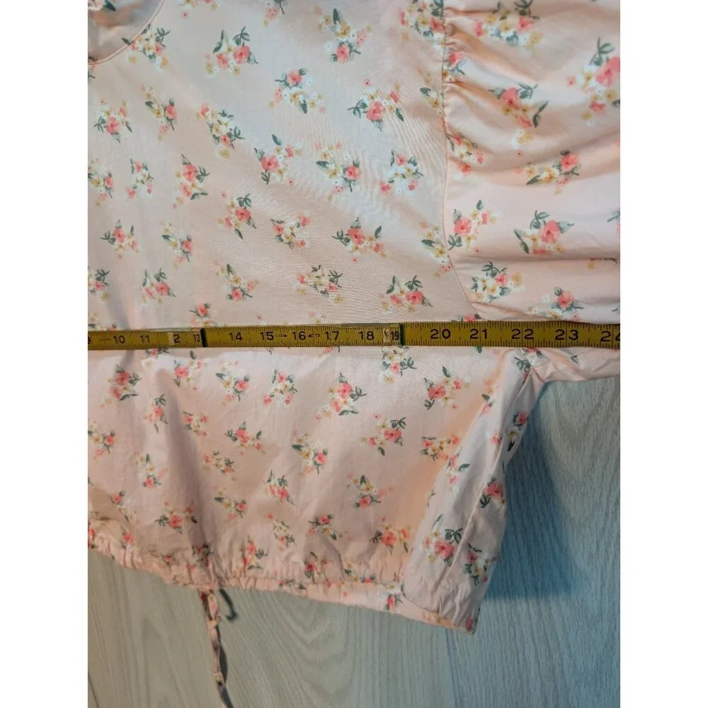 Anthropologie Cropped Bubble Sleeve Blouse Pink Floral Tie Back Medium - Picture 7 of 8